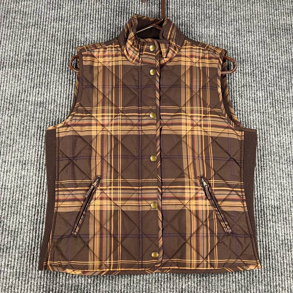 Lauren Ralph Lauren Vest Petite Large Brown Plaid Sleeveless Mock Neck Button Up